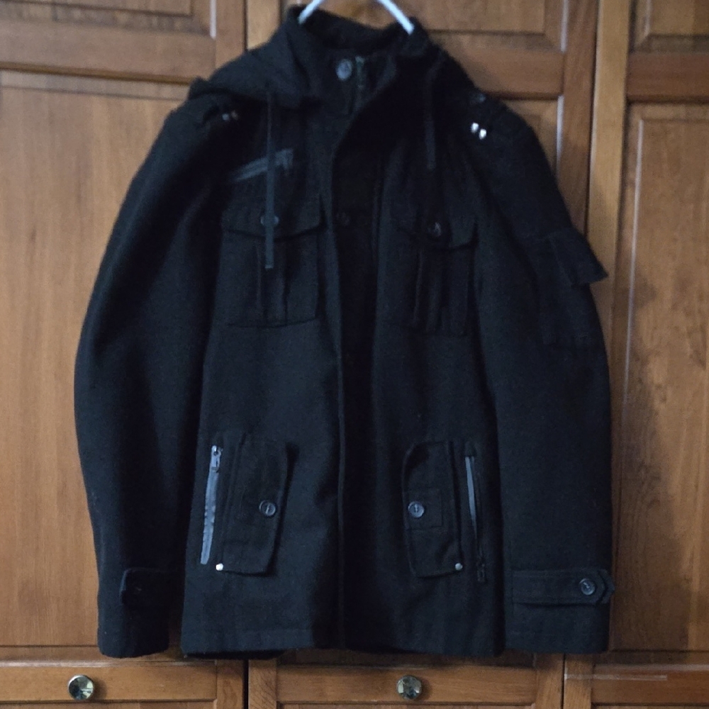 Roosevelt Men's XL Black Hooded Military-Style Coat